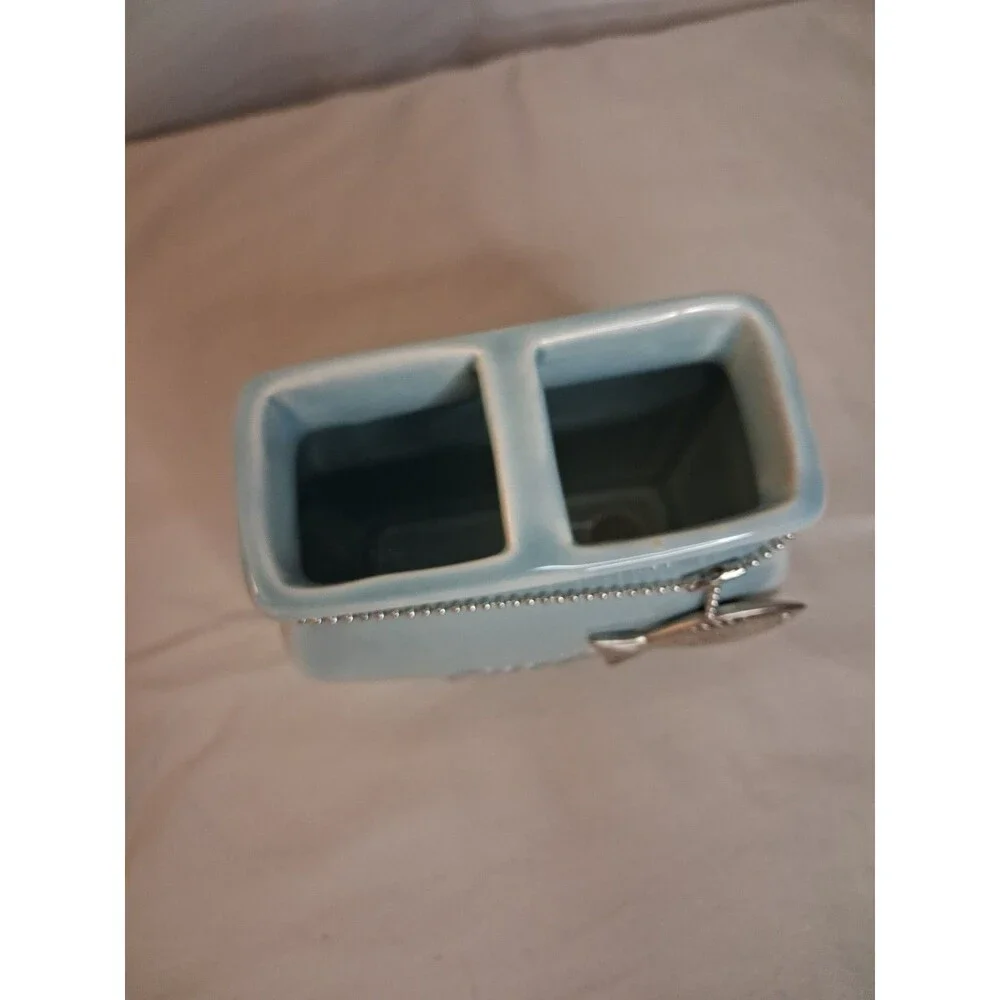 Light Blue Ceramic Toothbrush/Toothpaste Holder, Smile With Fish